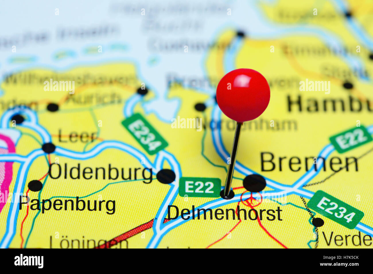 Delmenhorst épinglée sur une carte de l'Allemagne Banque D'Images