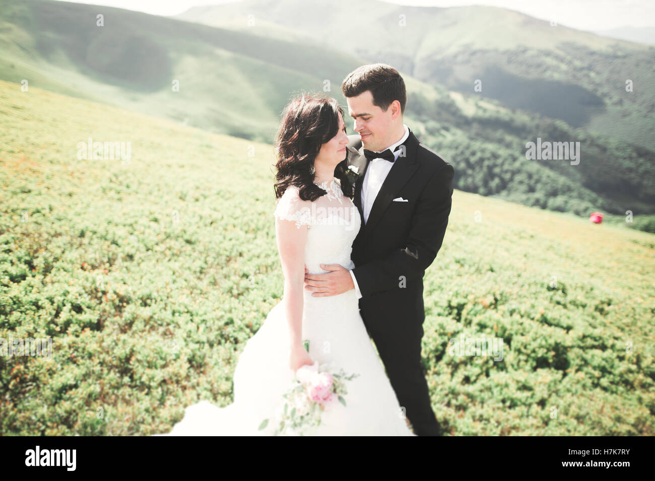 Magnifique magnifique à bride groom et le plaisir, à la cérémonie de luxe avec vue imprenable sur les montagnes, de l'espace pour texte, wedding couple Banque D'Images Magnifique magnifique à bride groom et le plaisir, à la cérémonie de luxe avec vue imprenable sur les montagnes, de l'espace pour texte, wedding couple Banque D'Images