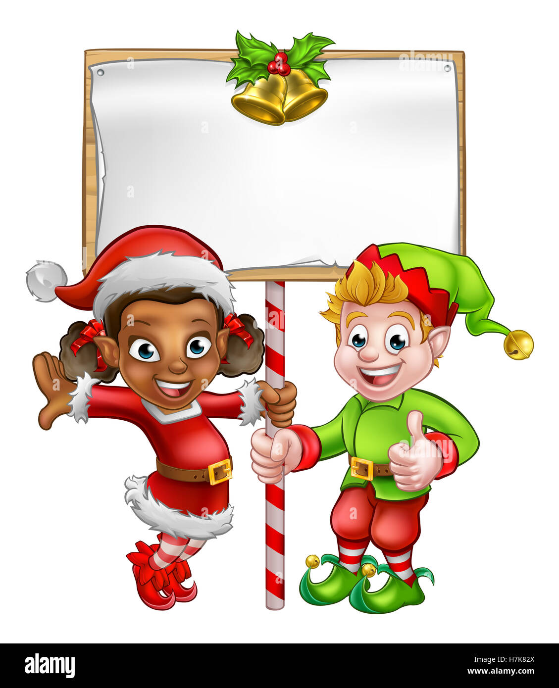 Cute cartoon fille et garçon lutin de Noël Santas helper caractères avec un panneau Banque D'Images