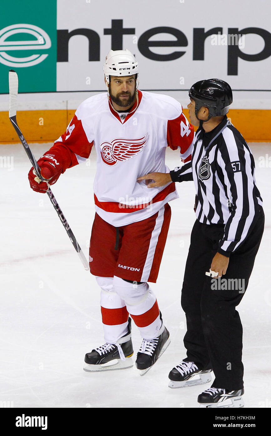 Le 1 mai 2011, San Jose, CA, USA ; Detroit Red Wings aile droite Todd Bertuzzi (44) parle de Jay Sharrers juge de la LNH (57) au cours de la deuxième période de deux jeu de la conférence de l'ouest demi-finales de la Coupe Stanley 2011 playoffs contre les Sharks de San Jose chez HP Pavilion. San Jose a battu Detroit 2-1. Banque D'Images