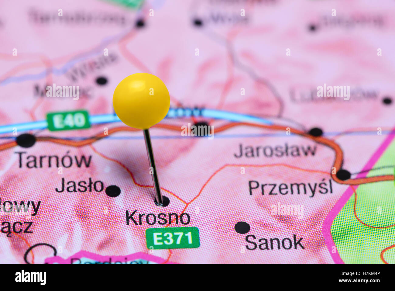 Krosno coincé sur une carte de Pologne Banque D'Images
