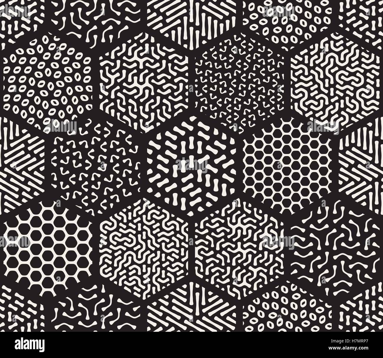 Seamless Vector noir et blanc carrelage mosaïque hexagonale rempli de modèles de pêle-mêle ligne arrondie Abstract Background Illustration de Vecteur