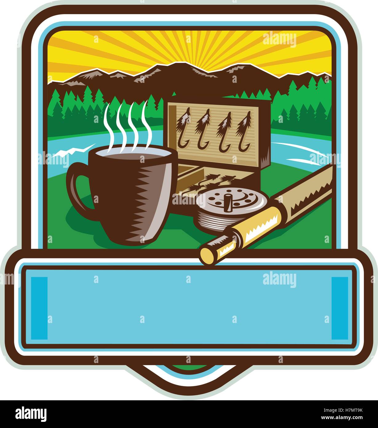 Illustration d'un mug, fly s'attaquer fort d'appâts, canne à pêche et le moulinet fixé à l'intérieur crest protection avec rivière de montagne arbres et solarisation à l'arrière-plan fait en rétro style gravure sur bois. Illustration de Vecteur