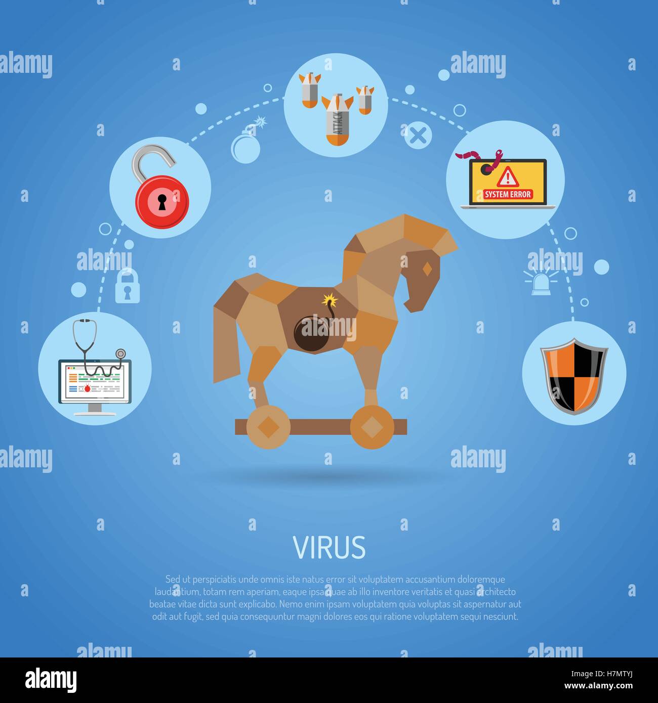 La cybercriminalité et le virus Concept avec un cheval de Troie, ver, bombe et Bug Télévision Icônes. vector illustration. Illustration de Vecteur