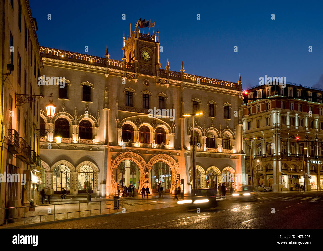 Portugal Lisbonne, l Estacao do Rossio gare à nuit Banque D'Images