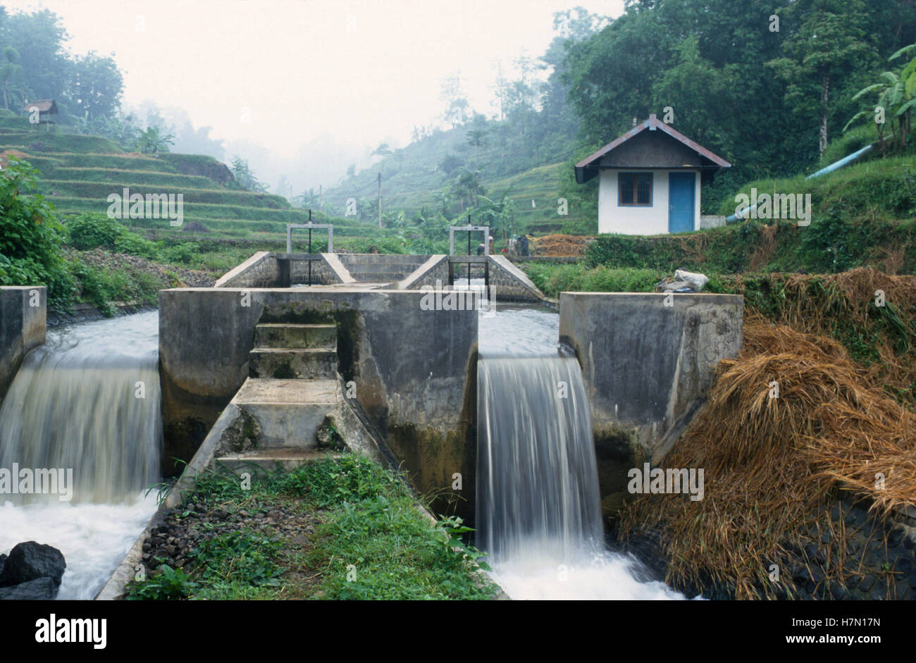 L'Indonésie Java, petite centrale hydroélectrique pour l'électrification rurale, terrasse de riz, solution hors réseau Banque D'Images