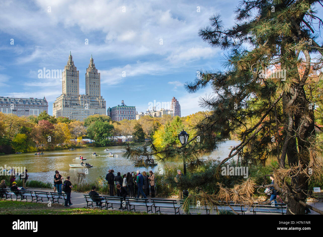 Lac avec la nature automne entouré par des bâtiments de la ville Banque D'Images