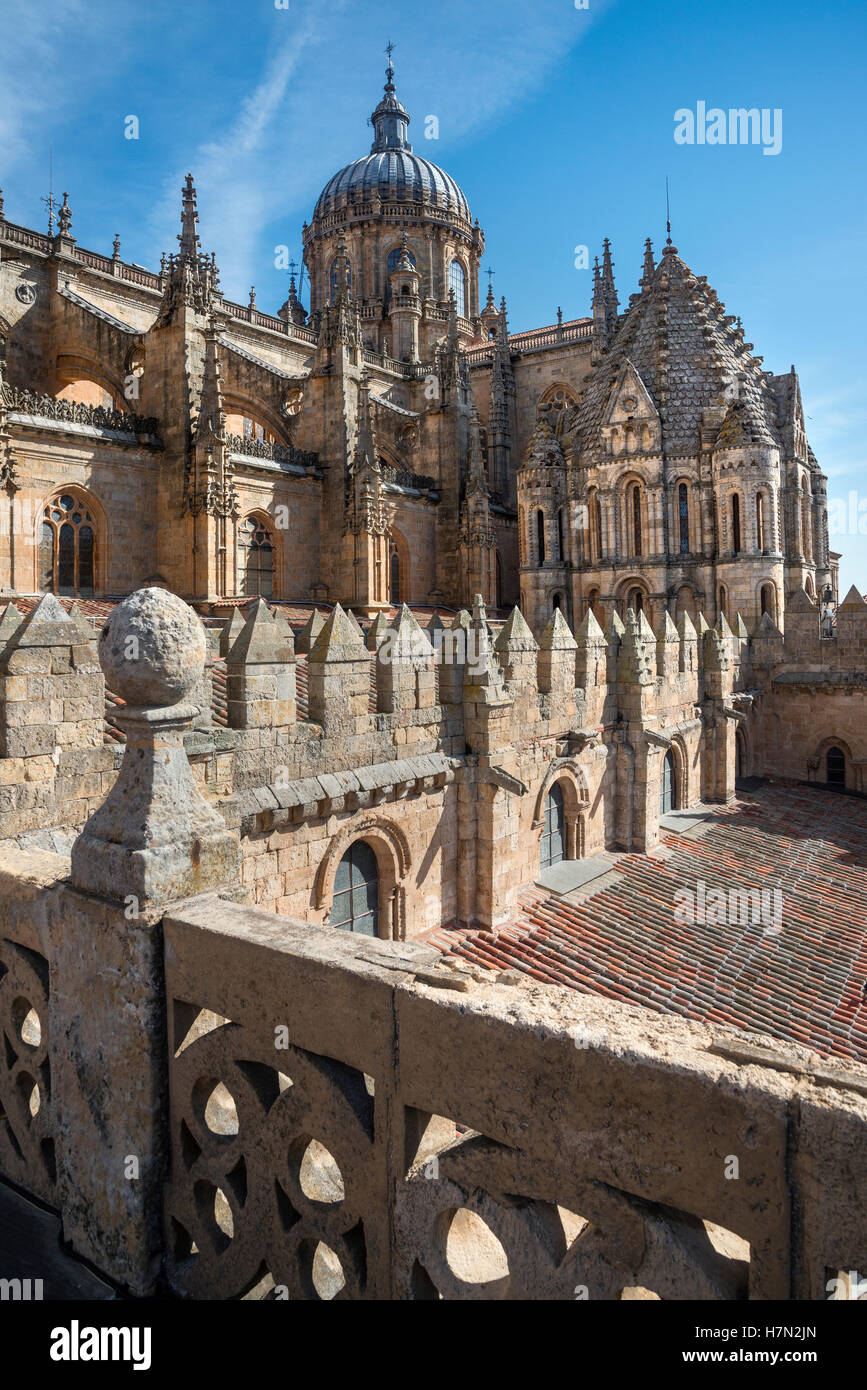 Vue extérieure de la partie supérieure de la passerelle de la nouvelle Cathédrale, Salamanca, Espagne. Banque D'Images