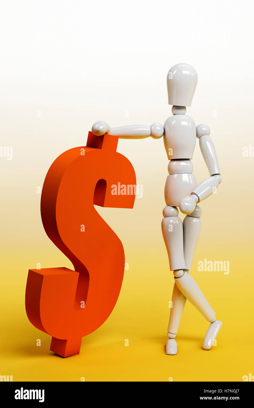 Mannequin jouet debout à côté du symbole dollar Banque D'Images