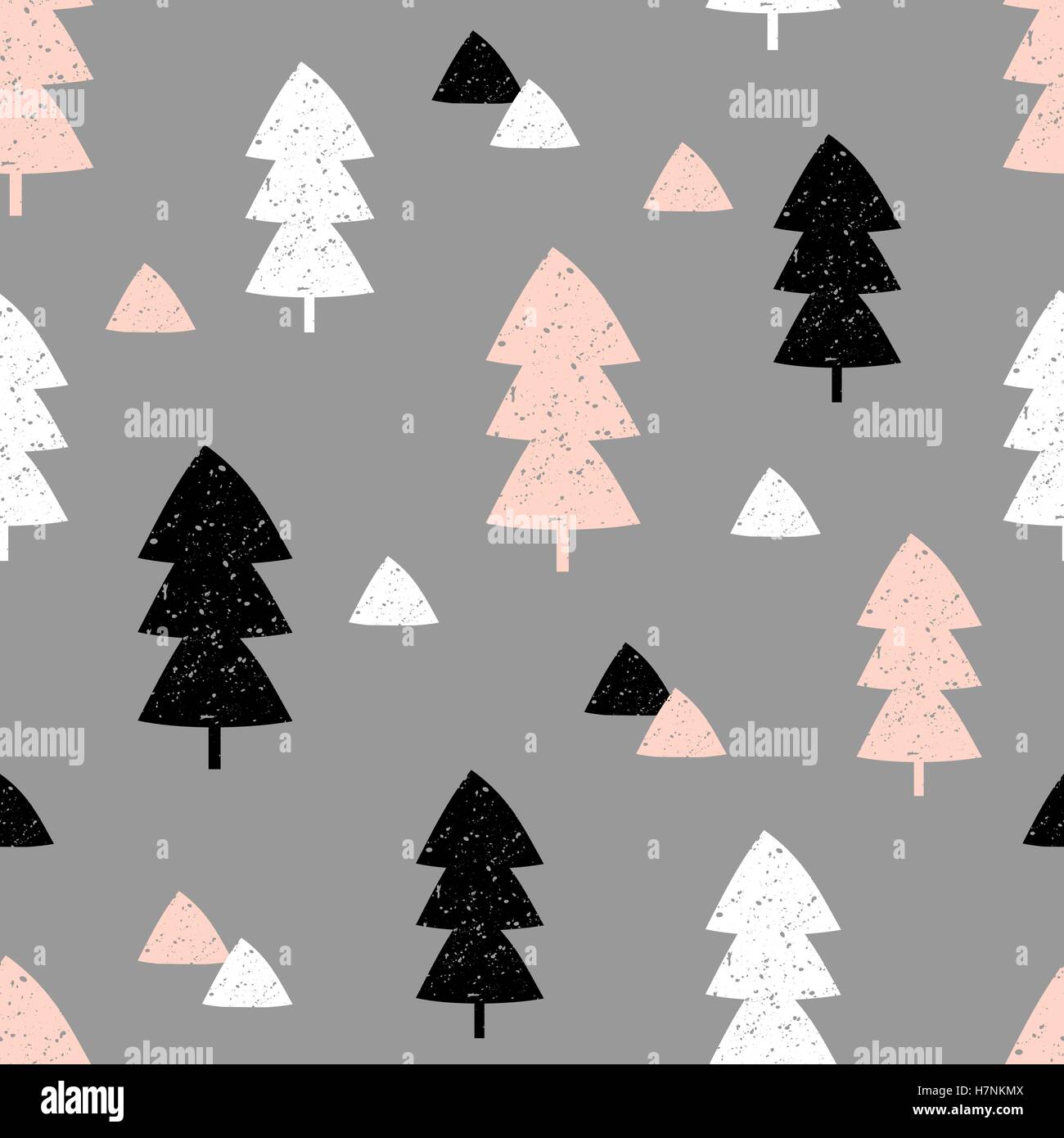 Texture transparente Motif répétitif avec les arbres de Noël et des formes d'un triangle noir, rose pastel et blanc sur fond gris. Illustration de Vecteur