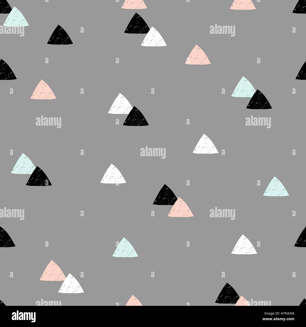 Un motif répétitif avec des formes en triangle texturé noir, rose pastel, bleu clair et blanc sur fond gris. Modern Illustration de Vecteur
