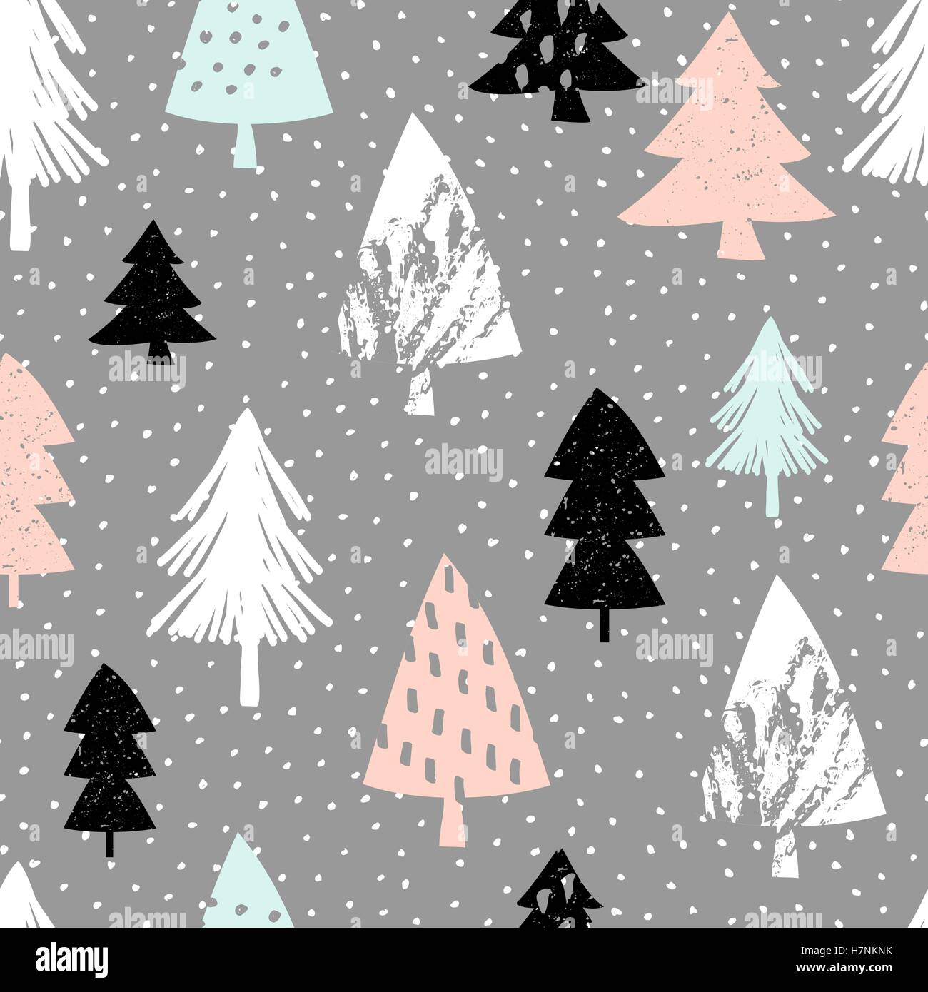 Texture transparente Motif répétitif avec des arbres de Noël en noir, rose pastel, bleu clair et blanc sur fond gris. Modern Illustration de Vecteur