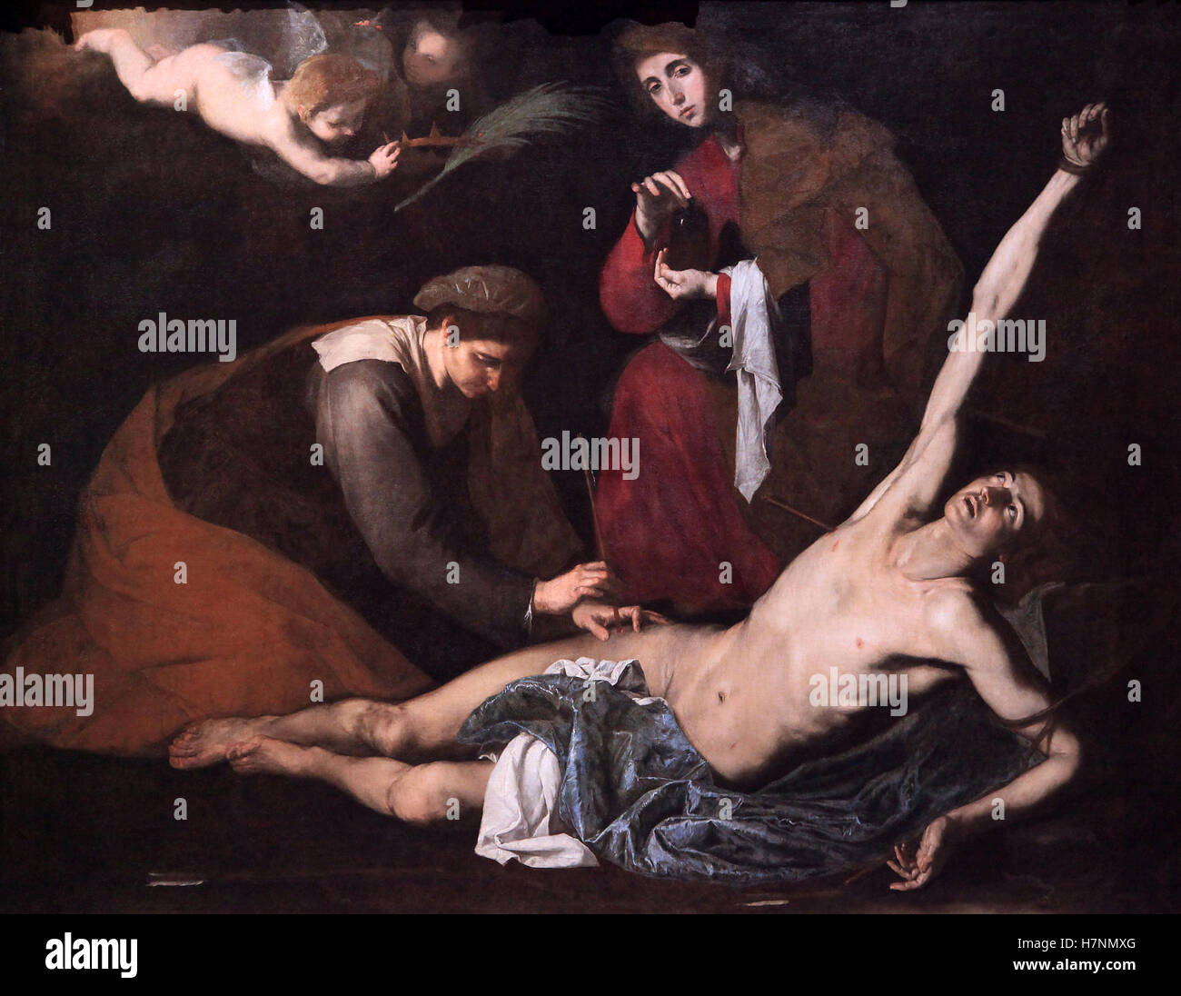San Sebastian tendu par les femmes saintes 162 par José Jusepe de Ribera 1591-1652.San Sebastián curado por las santas mujeres.(aka Lo Spagnoletto) Banque D'Images