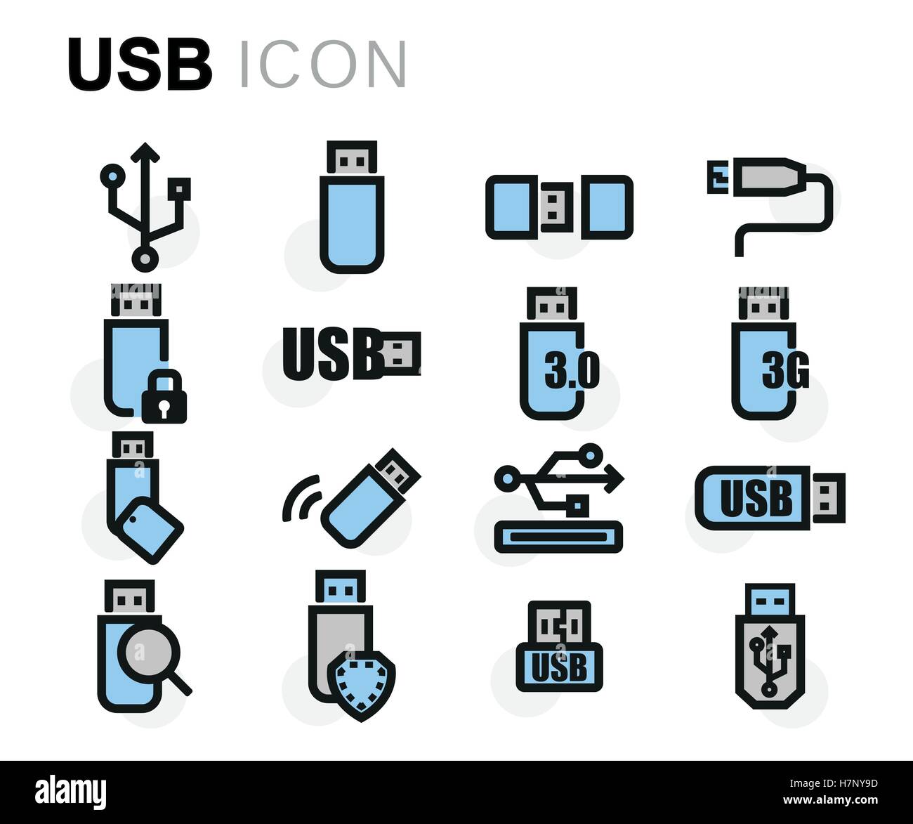 Ligne plate vecteur icônes USB situé sur fond blanc Illustration de Vecteur