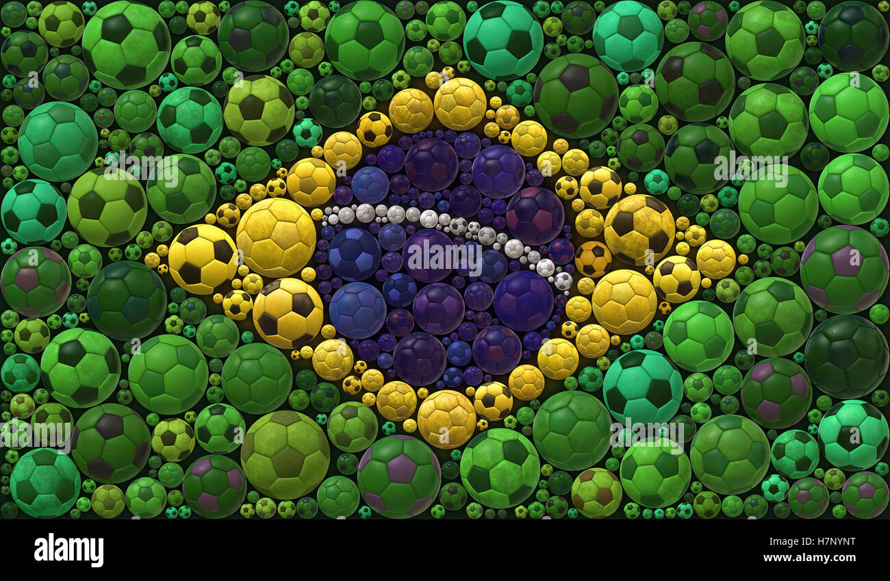 Drapeau national de la République fédérative du Brésil Les ballons de soccer Sport Mosaïque Illustration Design Concept Background Banque D'Images