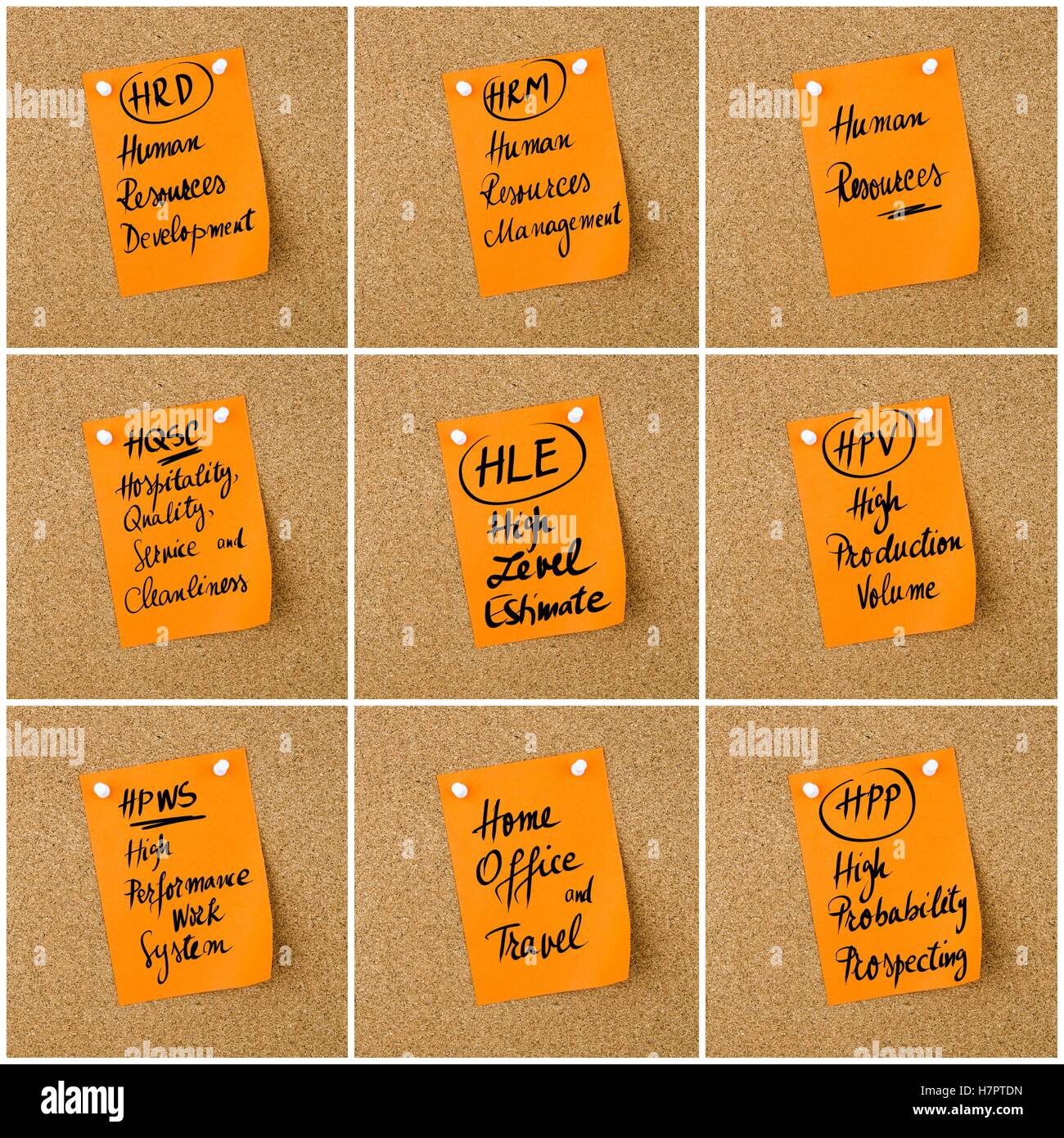 Collage d'acronymes d'affaires écrit sur papier orange note épinglée sur le panneau de liège avec ma révérence blanc, copie espace disponible Banque D'Images