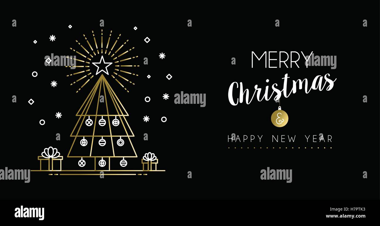 Joyeux Noël et Nouvel An en-tête d'or les médias sociaux dans les grandes lignes, style moderne art illustration pine tree. Illustration de Vecteur