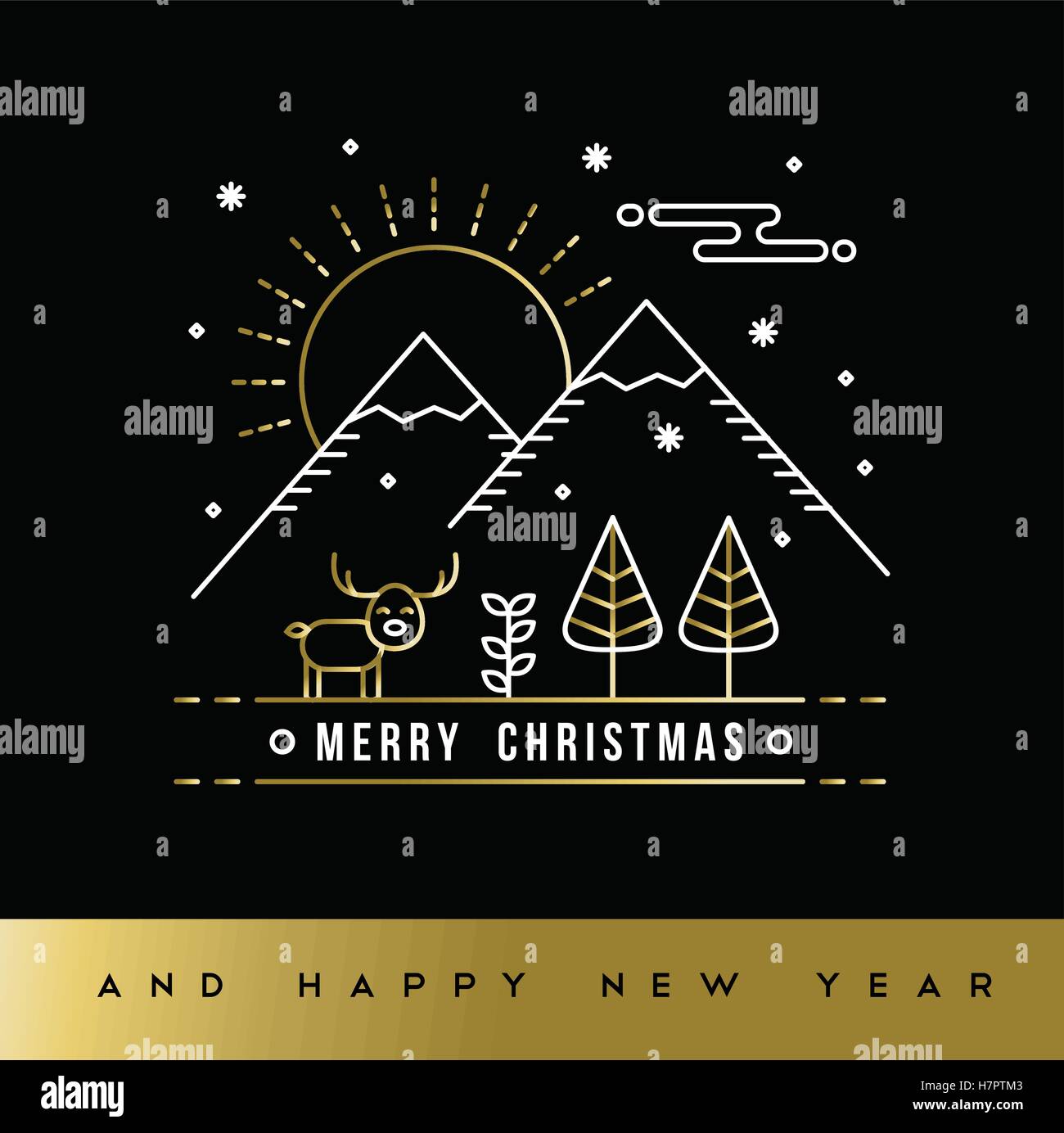 Joyeux Noël et Nouvel An carte de voeux or contour style art moderne en hiver, avec l'illustration de la forêt maison de décoration. Illustration de Vecteur