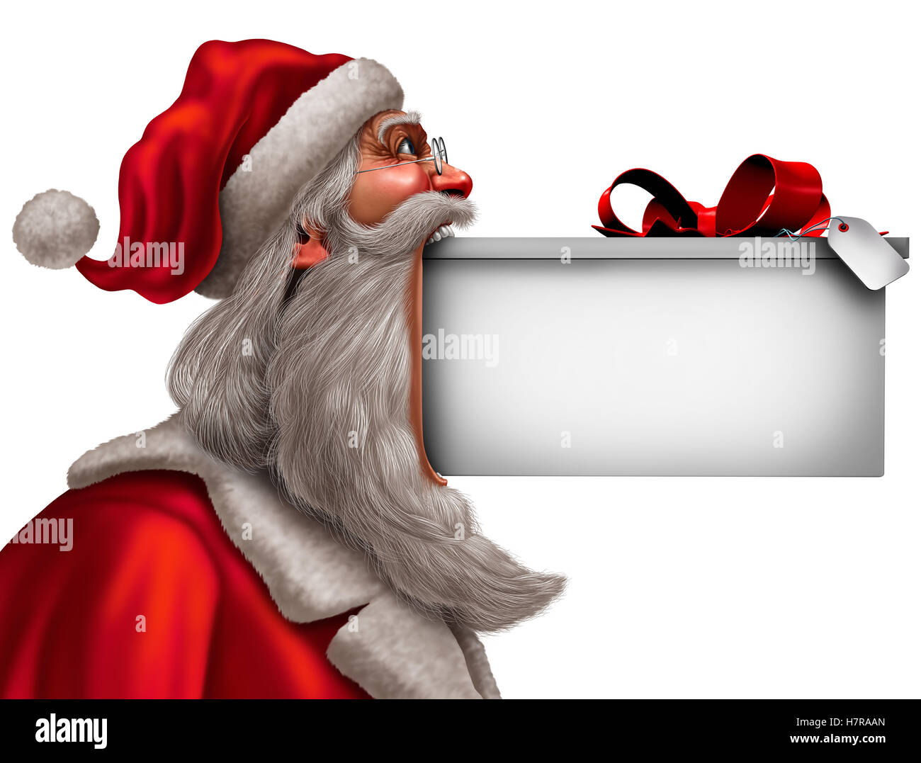 Noël drôle signe en tant que père Noël avec un gros cadeau dans sa bouche  avec copie vierge l'espace comme un symbole de message célébration  hivernale avec 3D illustration éléments Photo Stock -