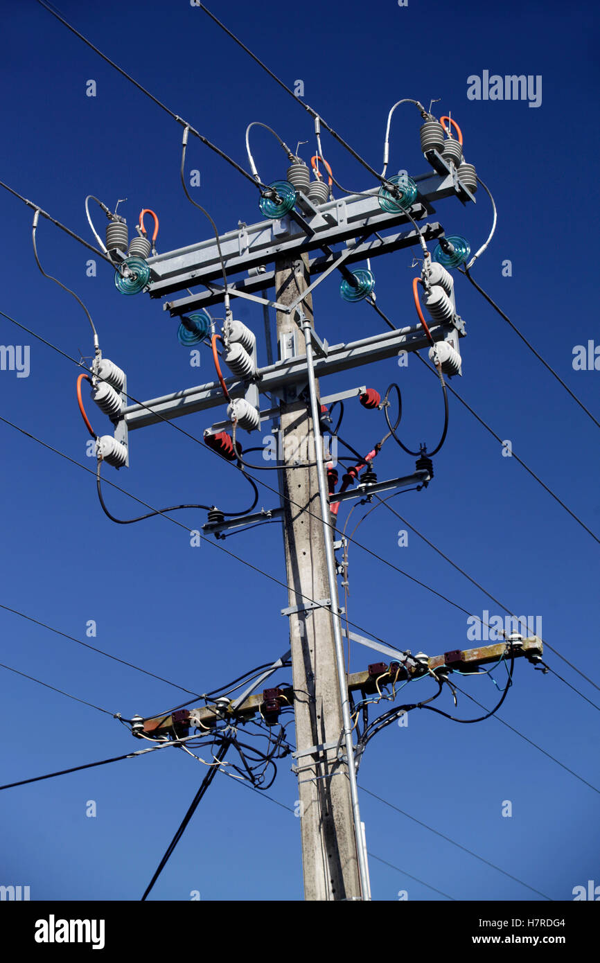 Câbles à haute tension avec les isolateurs Banque D'Images
