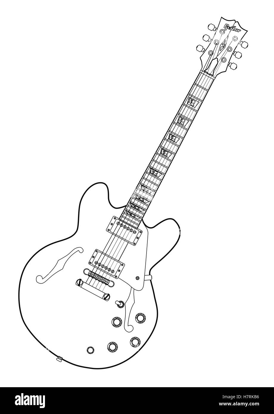 Une guitare de type semi acoustic en silhouette situé dans un fond blanc. Illustration de Vecteur