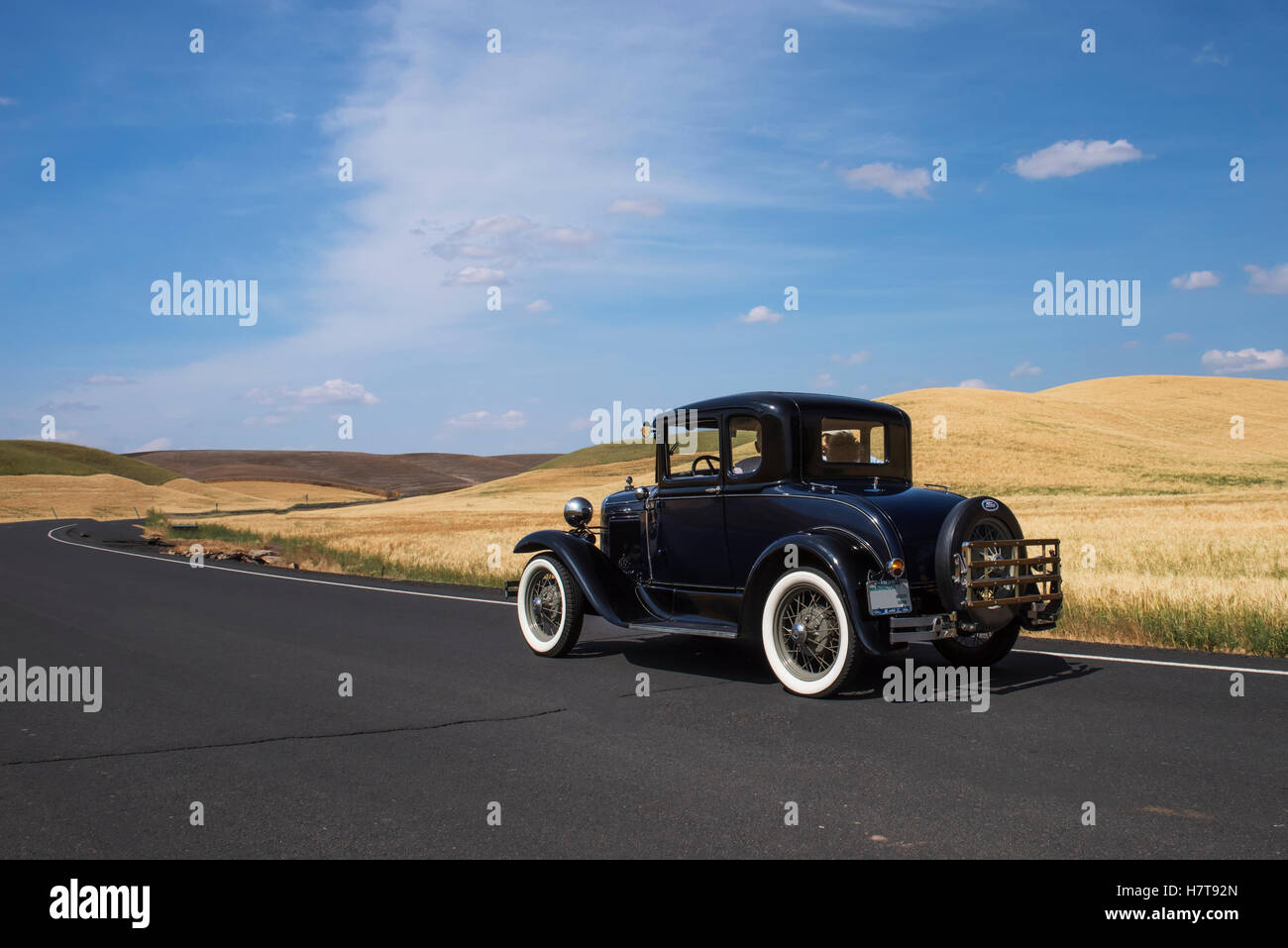 Voiture vintage noir sur une route qui serpente entre les champs de ferme ; Palouse, Washington, États-Unis d'Amérique Banque D'Images