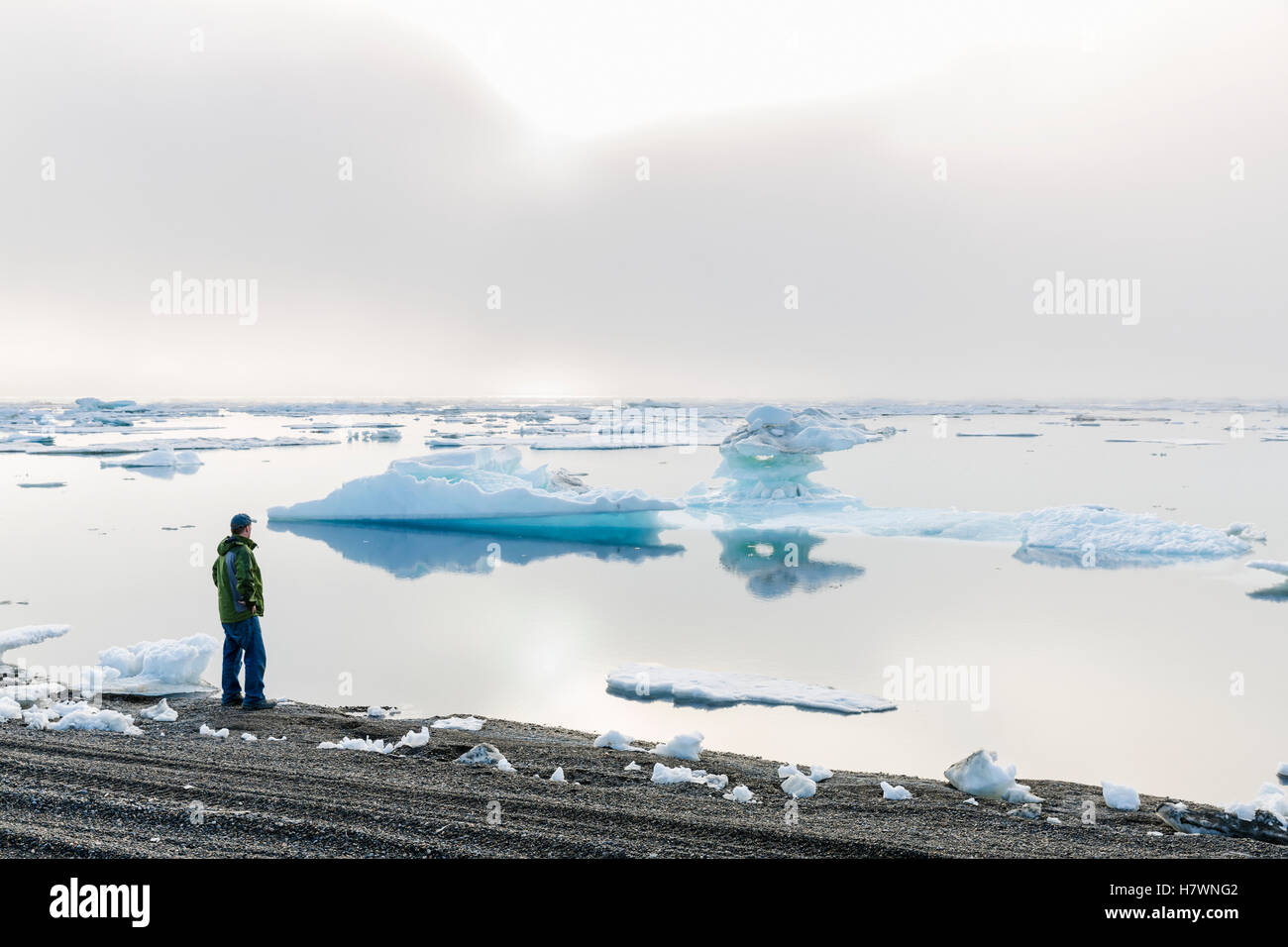 Un homme au bord de l'océan Arctique à l'extérieur, vers le coucher de soleil à travers un épais brouillard, Barrow, versant nord, l'Alaska arctique, USA, l'été Banque D'Images