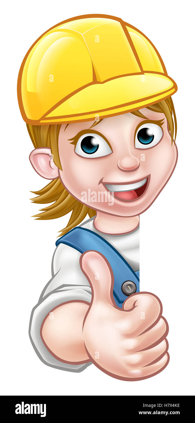 Cartoon female constructeur, mécanicien, menuisier, électricien ou plombier caractère dans hard hat giving Thumbs up Banque D'Images