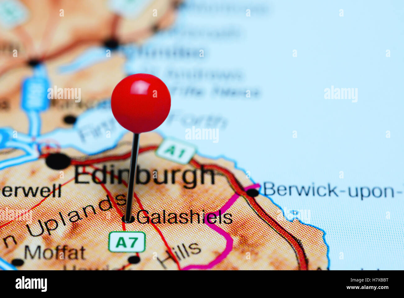 Galashiels épinglée sur une carte d'Écosse Banque D'Images