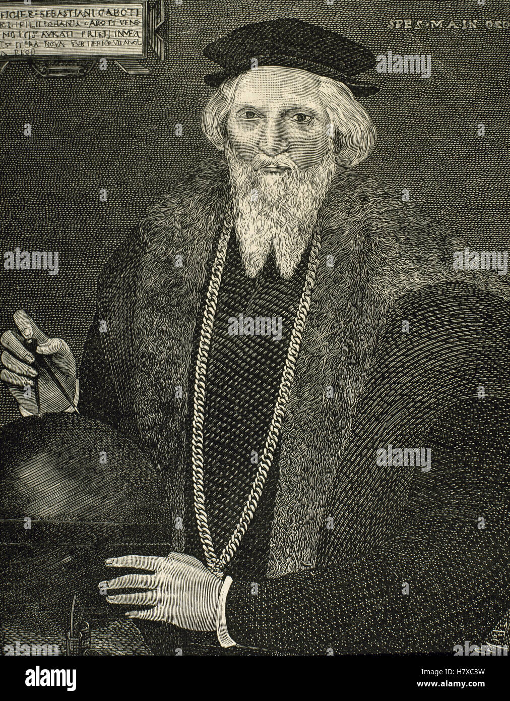 Sébastien Cabot (ch. 1474-c. 1557). L'explorateur italien. Portrait. Gravure de Capuz. Banque D'Images