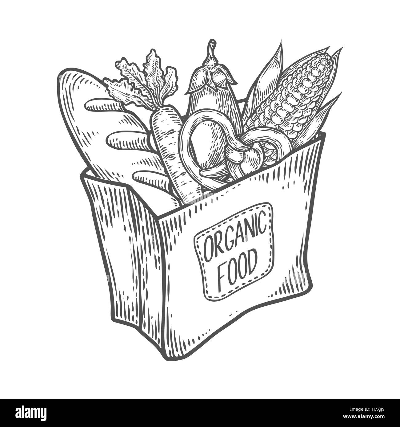 Emballage du papier avec des produits sains. Produits biologiques de la ferme. Les légumes, le pain, les produits laitiers, le maïs, l'aubergine, tom Illustration de Vecteur