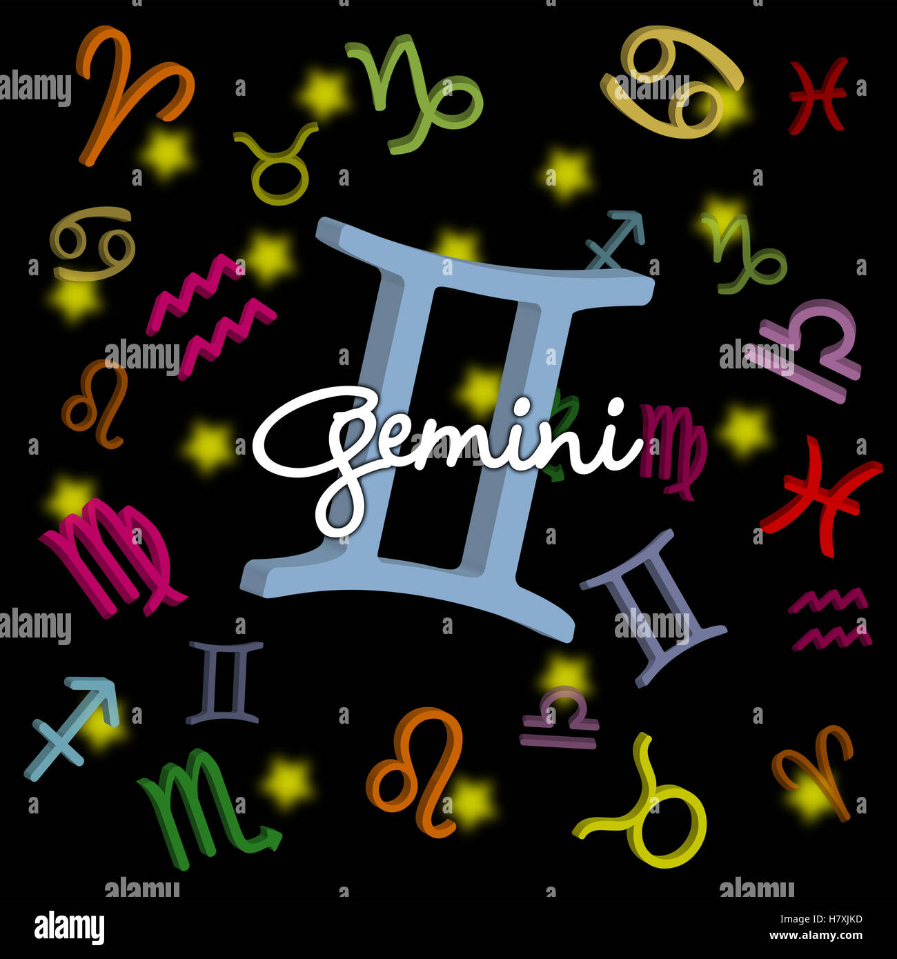 Signe du zodiaque Gemini avec symboles astrologiques sur fond noir parfait pour les amateurs d'astrologie, le contenu de l'horoscope et les conceptions sur le thème du zodiaque Banque D'Images