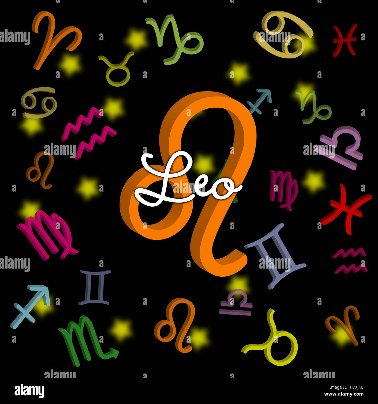 Signe du zodiaque Leo avec symboles astrologiques sur fond noir parfait pour les amateurs d'astrologie, le contenu de l'horoscope et les œuvres d'art sur le thème du zodiaque Banque D'Images