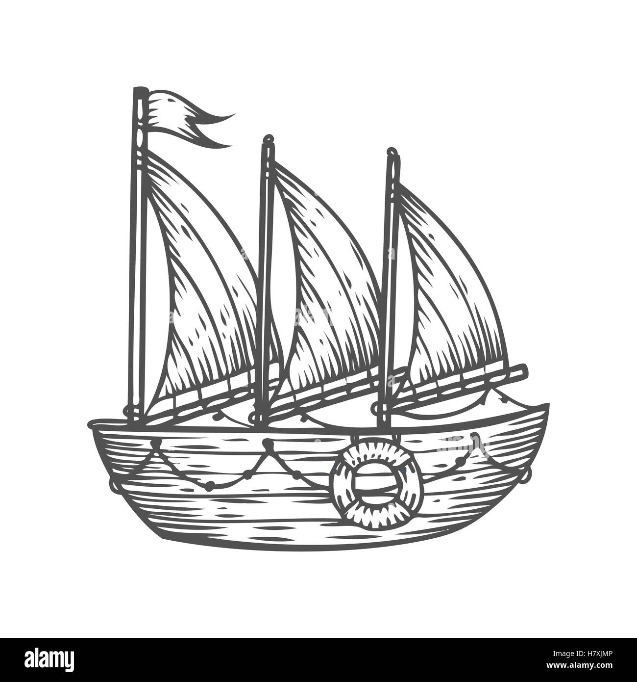 Navire, bateau, voilier, hand drawn vector illustration croquis gravure nautique. Retro Vintage transport maritime. Bateau en bois labe Illustration de Vecteur