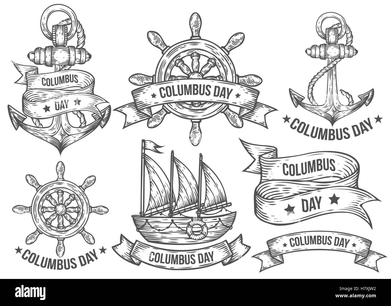 Happy columbus day vector hand drawn illustrations gravées. Retro Vintage nautical doodles, Helm, voile, bateau, ancre, ribbo Illustration de Vecteur