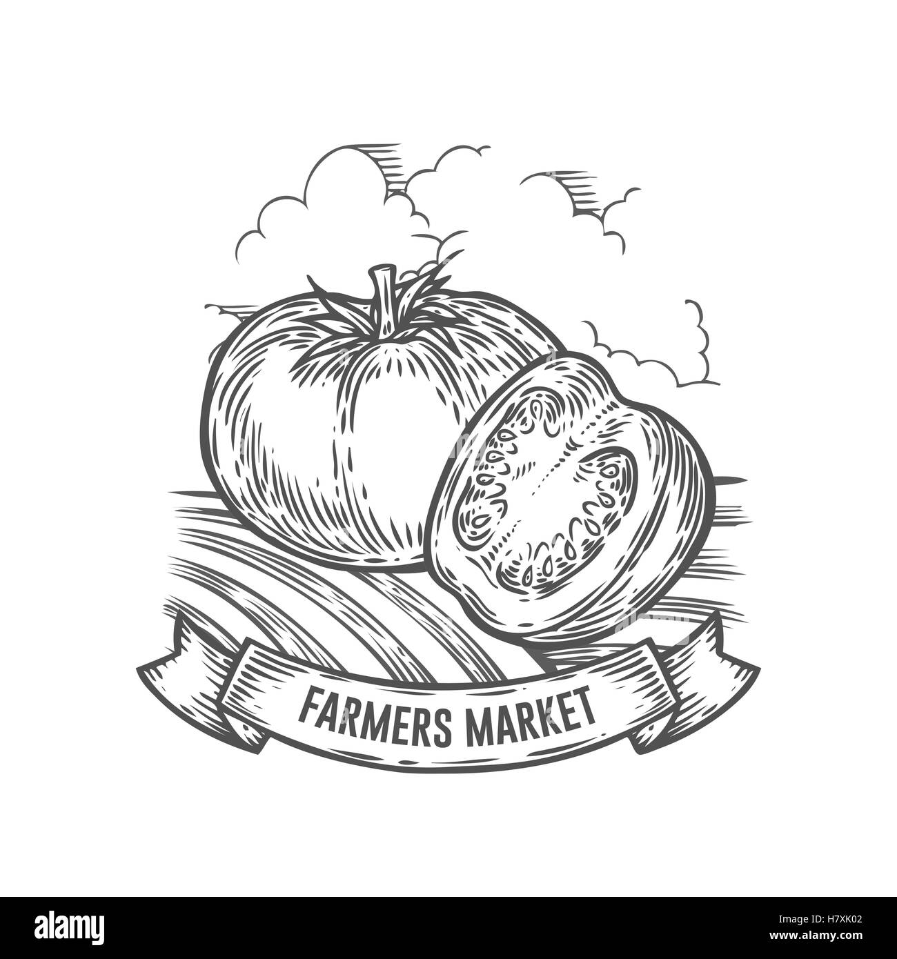 Farmers Market tomato badge. Gravure vintage monochrome des légumes biologiques frais signe isolé sur fond blanc. Vec croquis Illustration de Vecteur