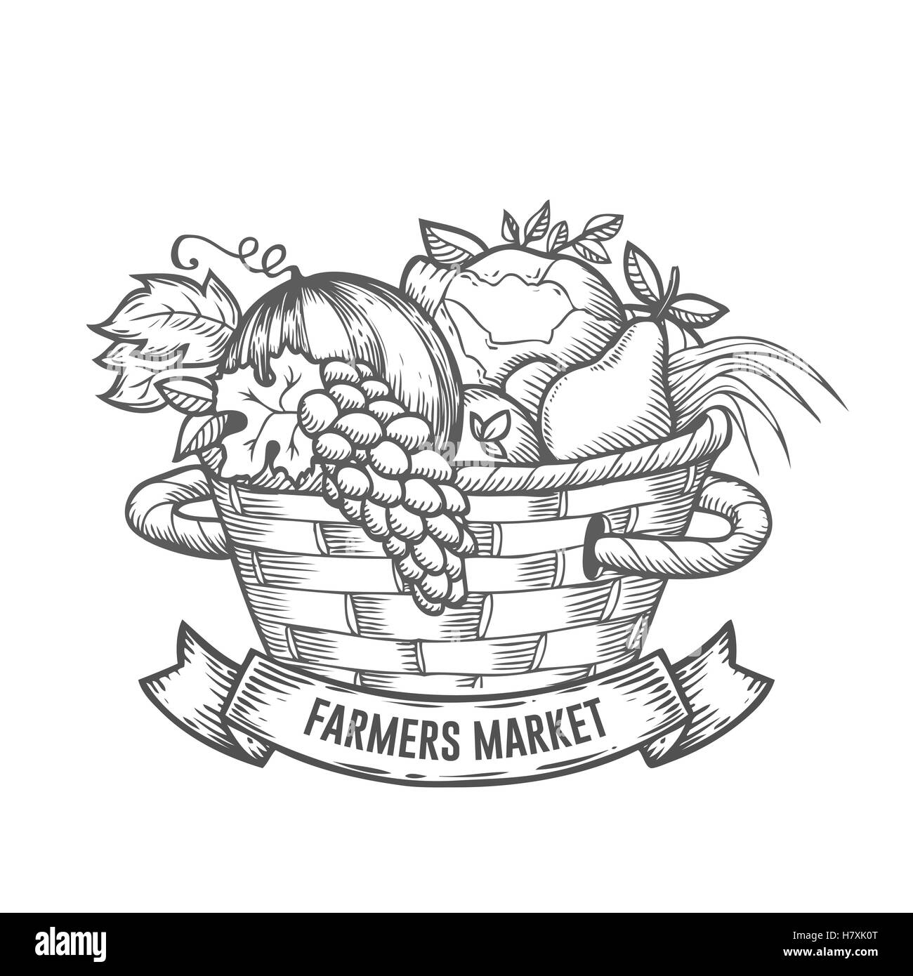 Farmers Market badge. Gravure vintage monochrome les fruits et légumes frais biologiques signe isolé sur fond blanc. Croquis Illustration de Vecteur