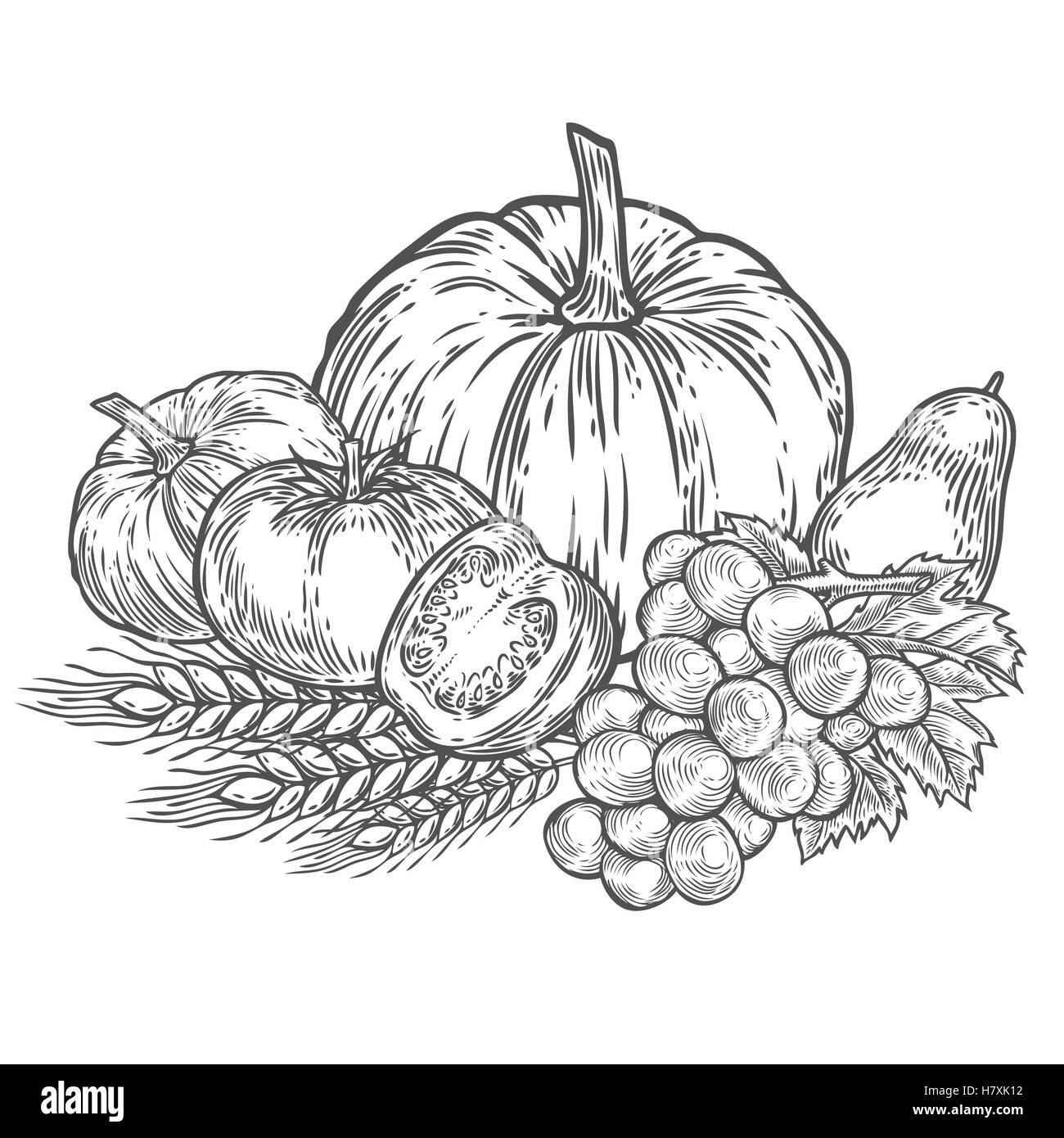Farmers Market badge. Gravure vintage monochrome produits frais bio légumes, blé et de fruits signe isolé sur fond blanc. Illustration de Vecteur