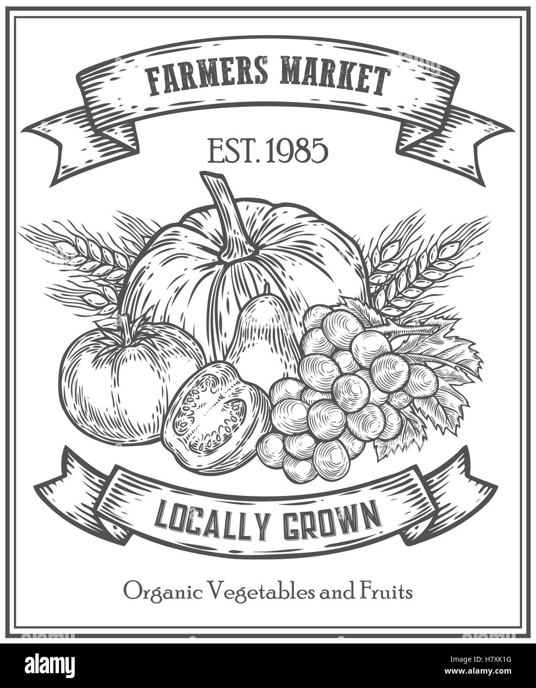 Produit bio magasin d'alimentation, farmers market affiche sur un tableau blanc, menu, affiche des aliments à la ferme modèle de saine alimentation, hand drawn vecto Illustration de Vecteur