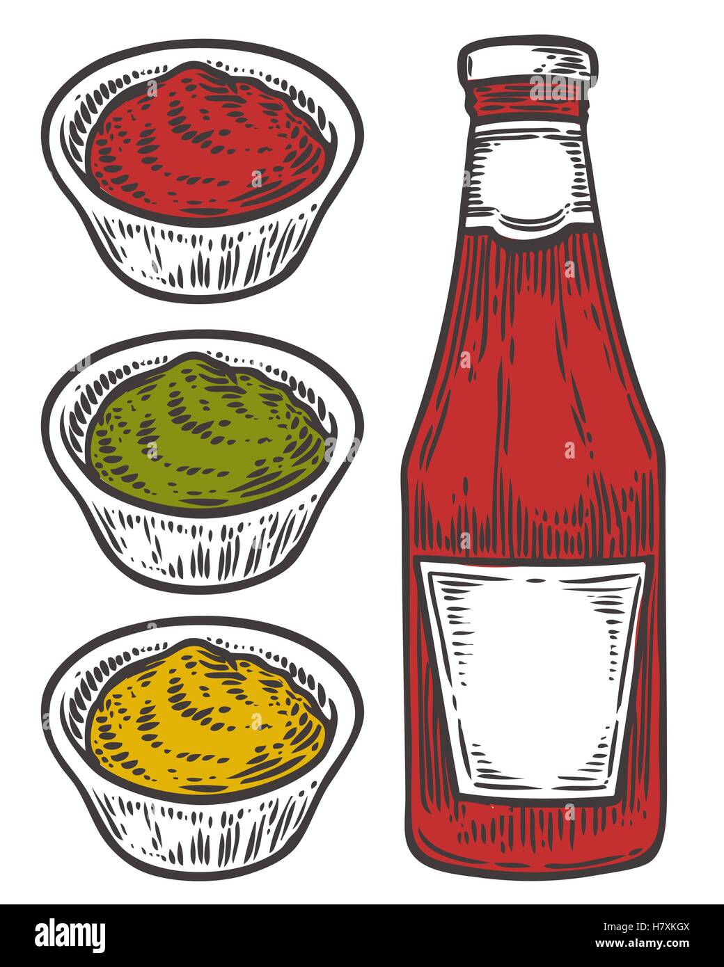 Tomate, moutarde, ketchup, sauce guacamole vecteur. Isolé sur fond blanc. L'ingrédient alimentaire. Dessinés à la main, gravée illustr Illustration de Vecteur