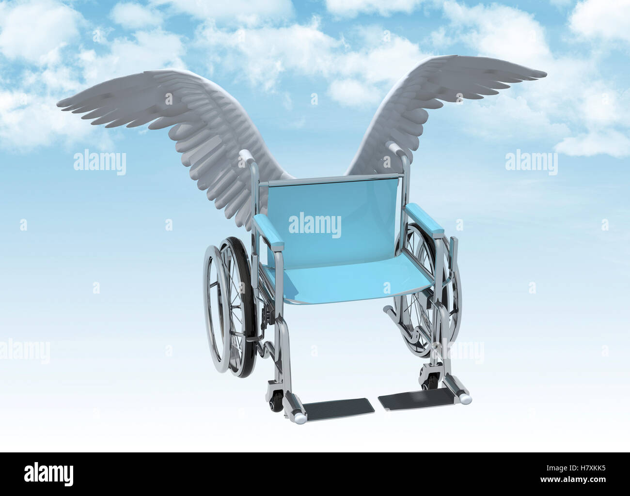 Fauteuil roulant avec des ailes d'oiseaux qui volent dans le ciel, 3d illustration Banque D'Images