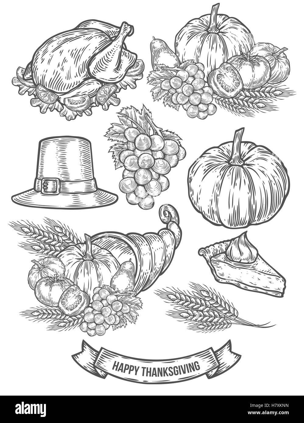 Festival d'automne de l'action de jeu doodle. Gravure vintage monochrome produits frais bio légumes, blé et de fruits, hat, tarte, turk Illustration de Vecteur