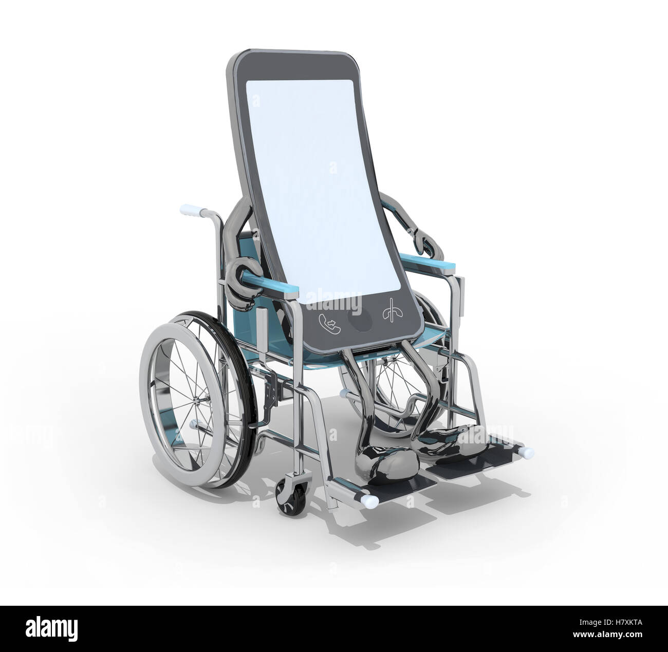 Smartphone avec les bras et les jambes sur un fauteuil roulant, 3d illustration Banque D'Images