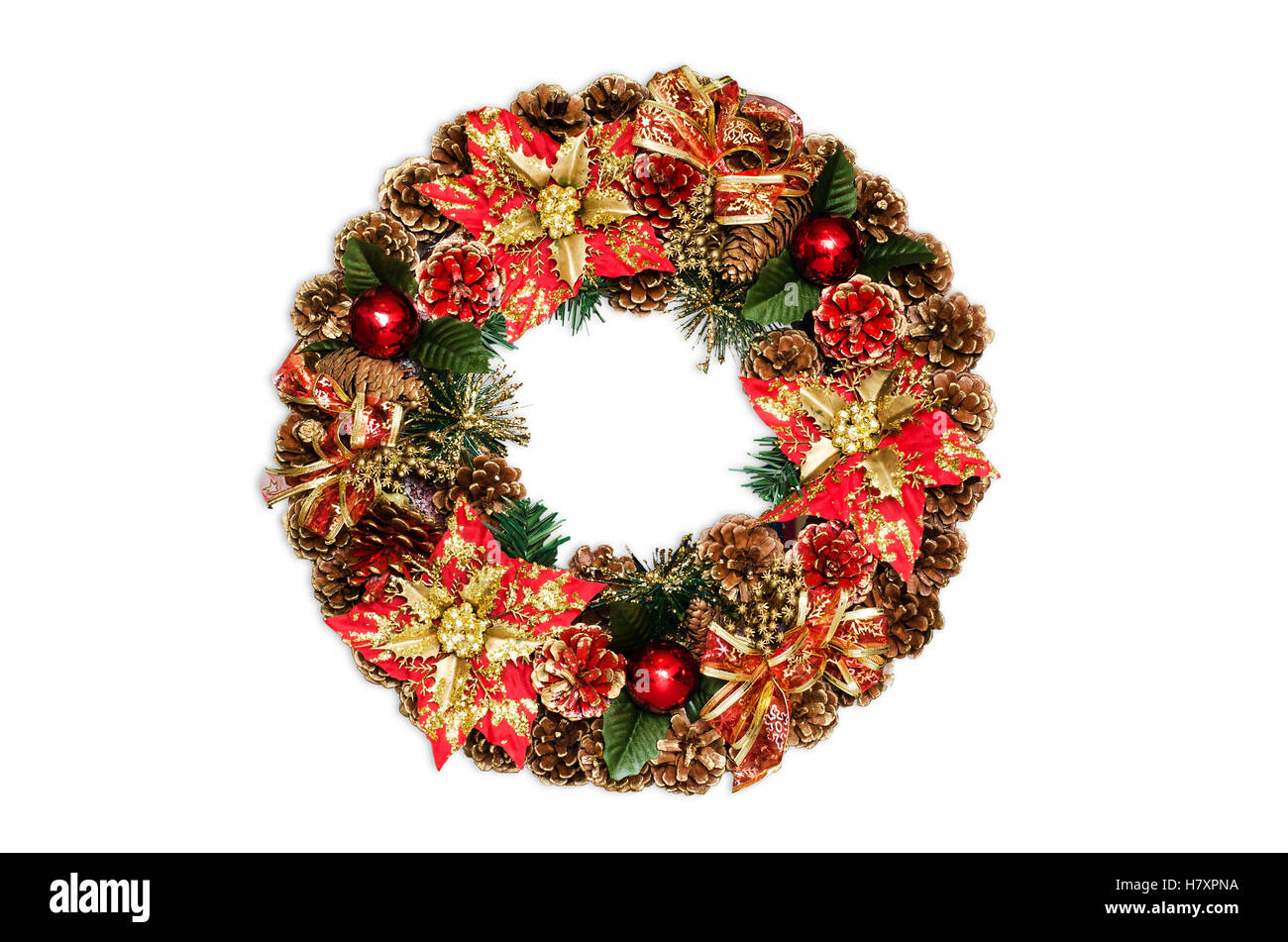 Décoration de porte Noël isolé sur le fond blanc. Couronne rouge de Noël. Banque D'Images