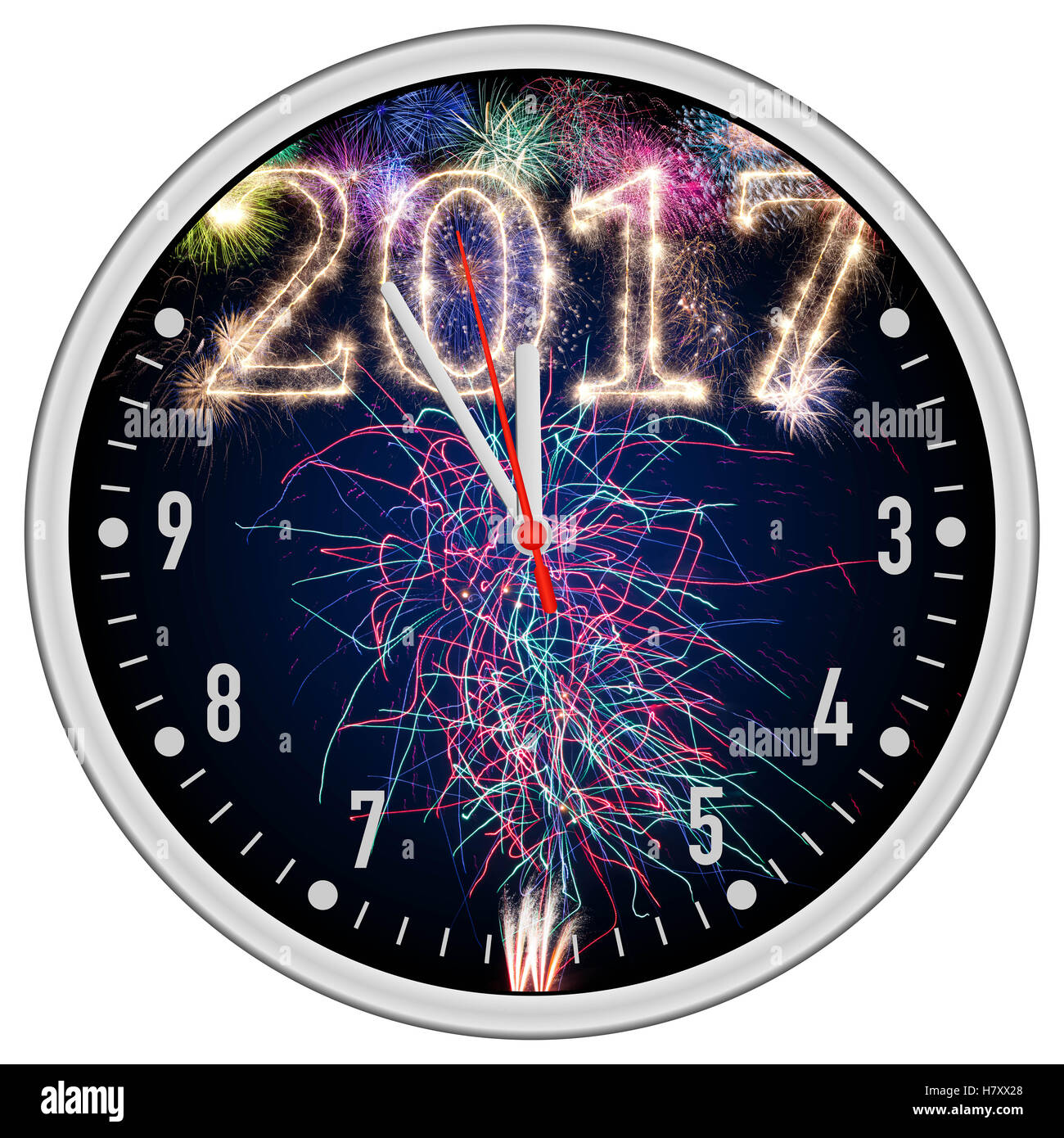 2017 5à12 coutdown horloge avec Fireworks colorés dans le ciel nocturne bleu foncé brillant mousseux lettrage police numéro Banque D'Images