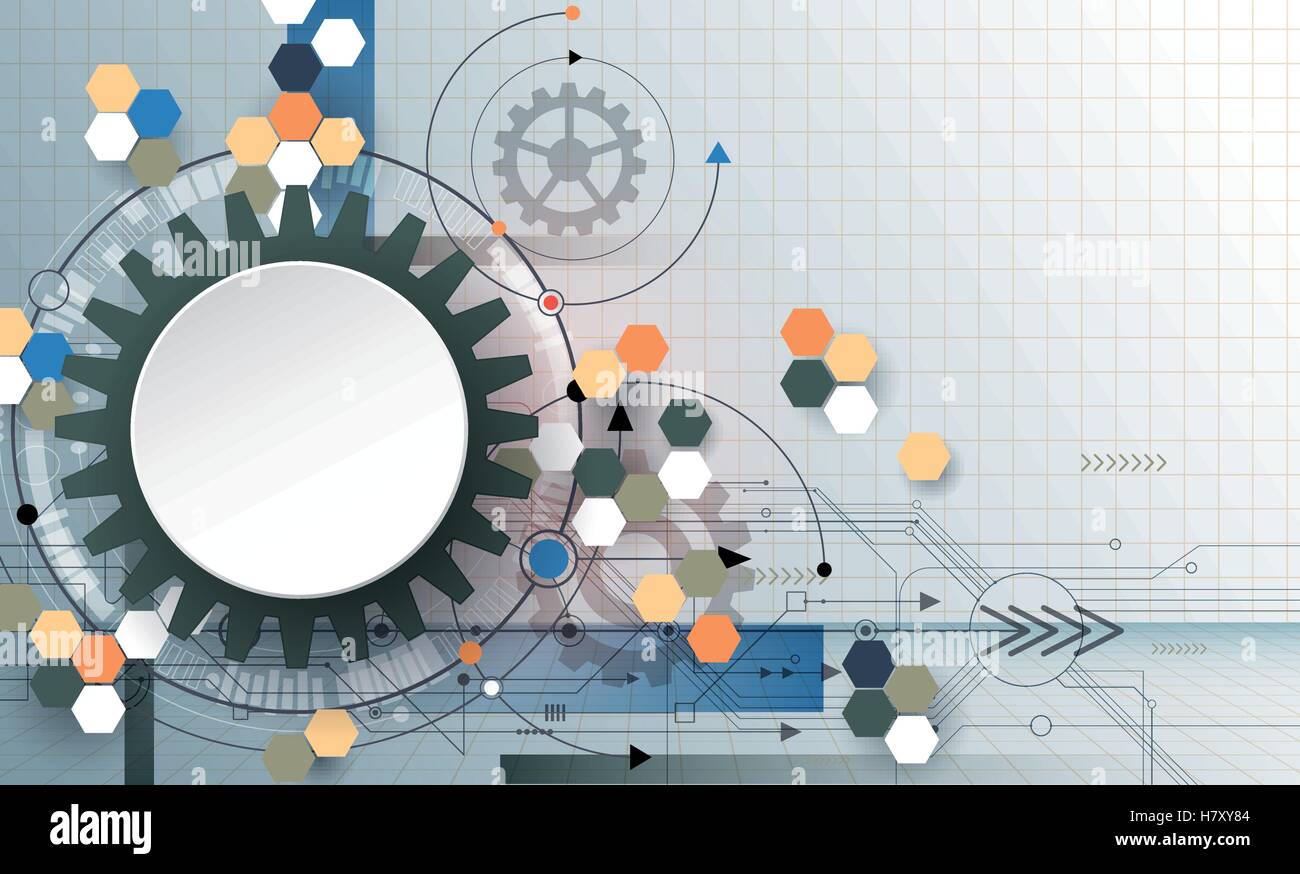 Vector illustration 3D cercle avec roue dentée, hexagones et carte du circuit, Hi-tech la technologie numérique et l'ingénierie, dig Illustration de Vecteur