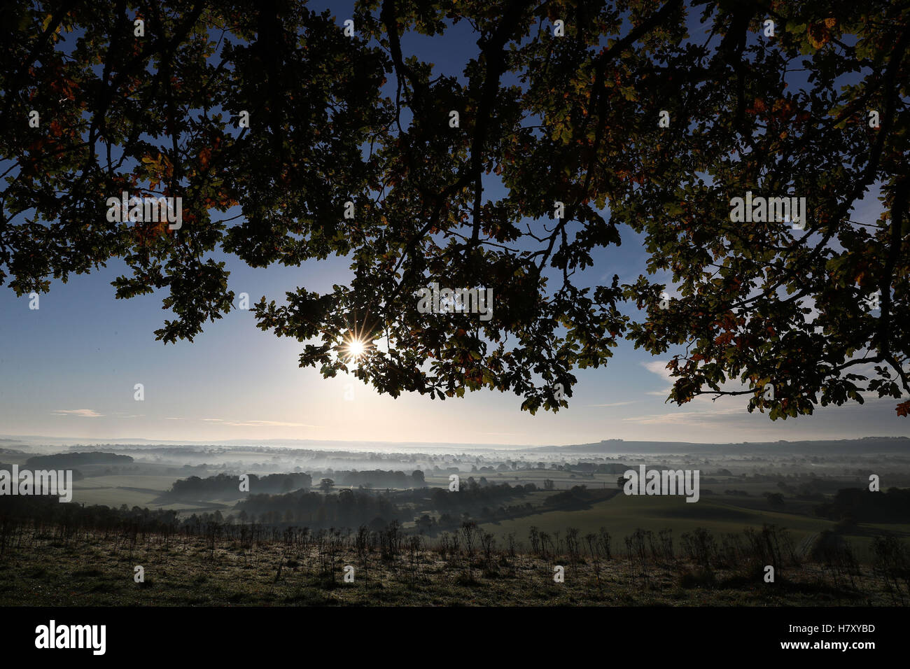 Une faible brume couvre les champs que le soleil se lève sur la vallée de Pewsey près de Marlborough dans le Wiltshire, à mesure que l'hiver s'est mis à balayer au début le mardi de avec beaucoup de neige jusqu'à 15cm (6pouces) de profondeur menacé d'introduire une perturbation de voyage. Banque D'Images