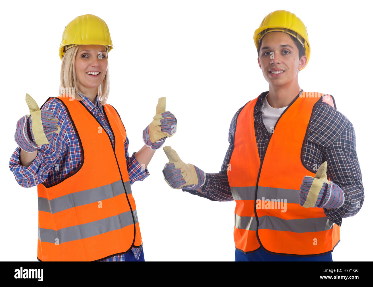 Young construction worker homme femme emploi Thumbs up isolé sur fond blanc Banque D'Images