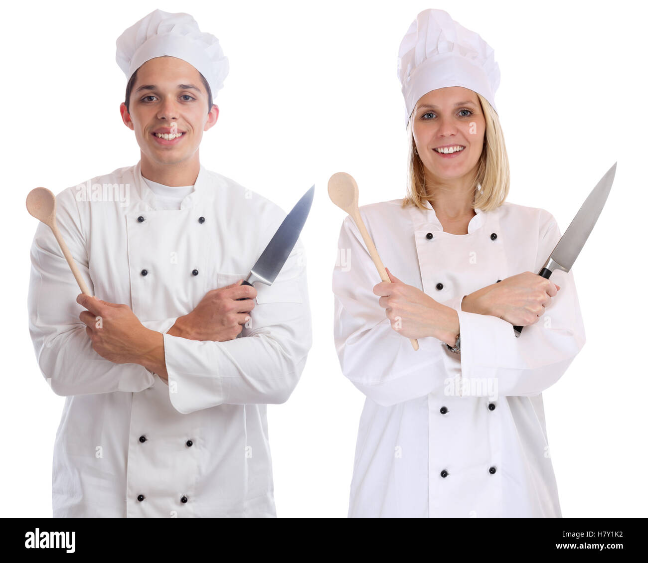 Apprenti cuisinier stagiaire stagiaires cuisiniers cuisiner avec les jeunes d'emploi Couteau isolé sur fond blanc Banque D'Images
