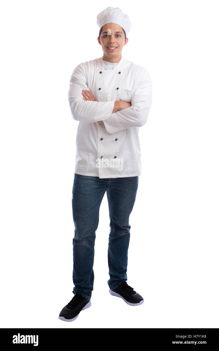 Apprenti cuisinier cuisine emploi stagiaire avec young man standing isolé sur fond blanc Banque D'Images